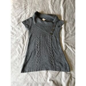 Christopher & Banks Gray Cable Knit Button Cowl Neck Short Sleeve Tunic Sweater